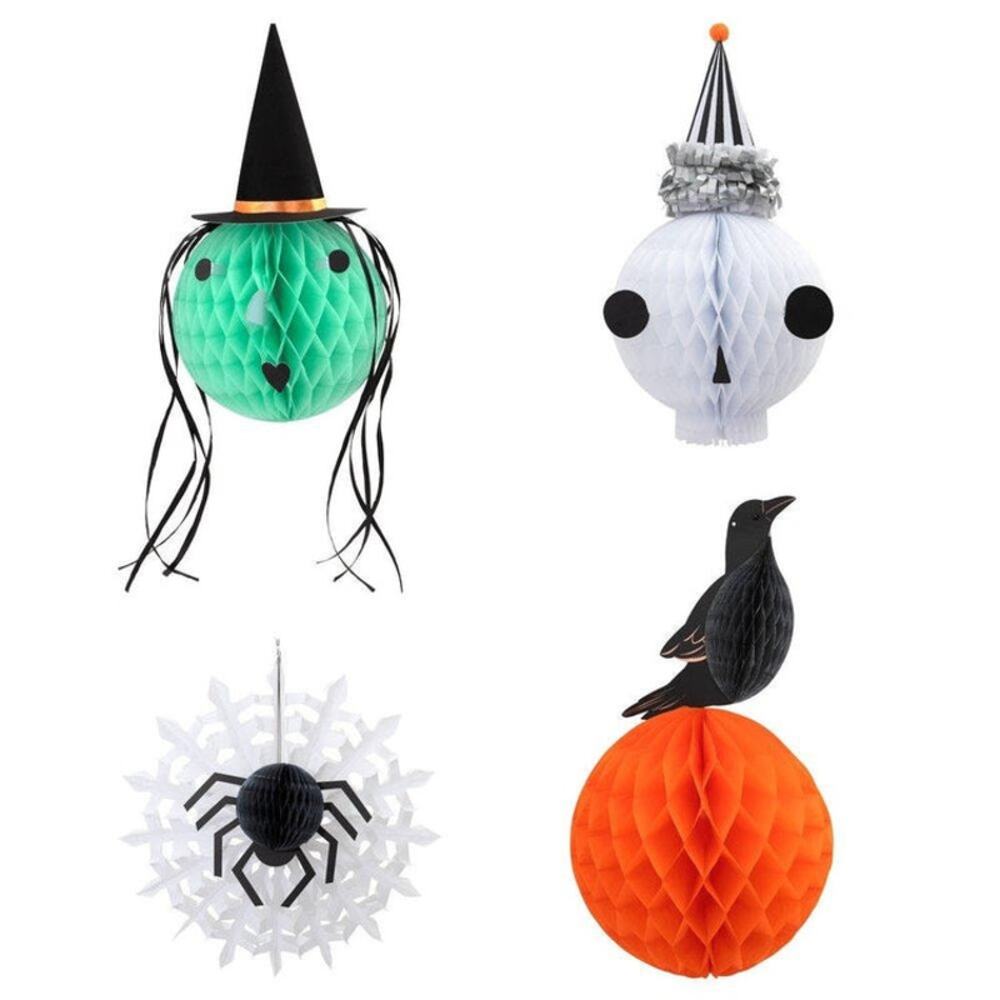 Halloween Decor, Set of Halloween Honeycomb Heads Witch Spider Skeleton Crow